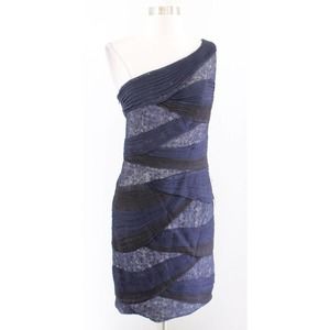 NWT Tadashi Shoji Navy Blue Black Mesh Sequin One Shoulder Dress Size 6 Evening